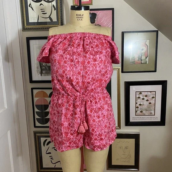 Vineyard Vines women's pink/red tile Otomi off the shoulder romper sz med - Picture 3 of 9